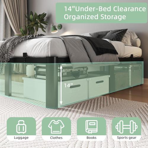Queen Size Bed Frame, 14 Inch Heavy Duty Metal Platform Bed Frame, Noise Free Steel Mattress Foundation, No Box Spring Needed, Spacious Under Bed Space