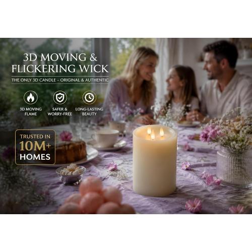 3-Wick Flameless Pillar Candle with Remote Timer, 3D Moving Flame Real Wax Led Candles (Ivory with 3 Wick, 6.5in)