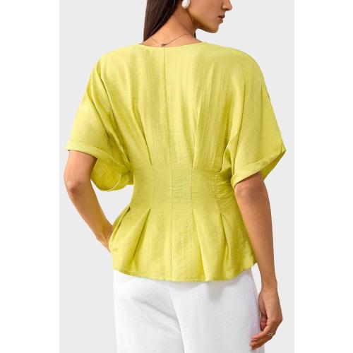 Women's Lightweight Crinkled V-Neck Peplum Waist Blouse-Batwing Short Sleeves Shirt-Casual Flowy Top (25H109 Yellow M)