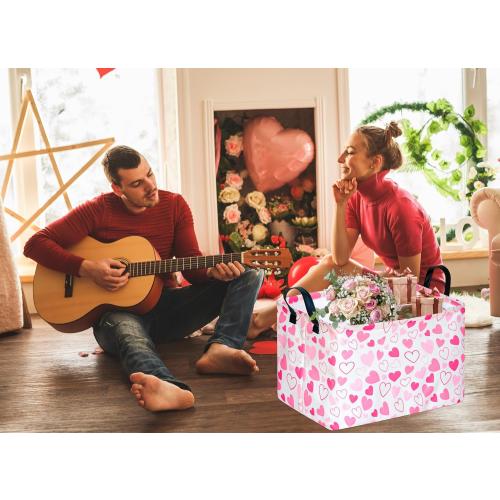 MAIZMZ Girls Gift Basket Heart Print Storage Cube for Women, Closet Shelf Organizer Bins Empty Gift Basket with Handles Nursery hamper Kids Toys Books Box Room Deco