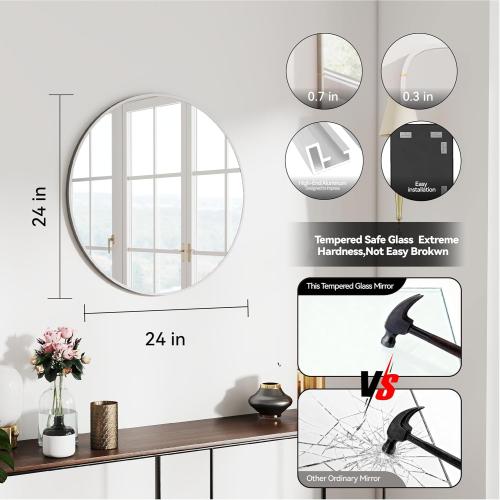 SCWF-GZ 24 Round Mirror Circle Wall Mounted Hanging or Against Wall Aluminum Alloy Metal Frame Dressing Make-up Mirrors for Entryway Bedroom Bathroom Living Room 24 inch Silver