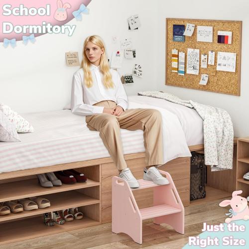 AMBIRD Wooden Kids Step Stool, 15.75'' H Potty Training Toddler 300 lbs Capacity with Safety Non-Slip Pads and Handles, Kitchen Step Stools for Kids, Bamboo Step Stool for Bathroom, High Beds (Pink)