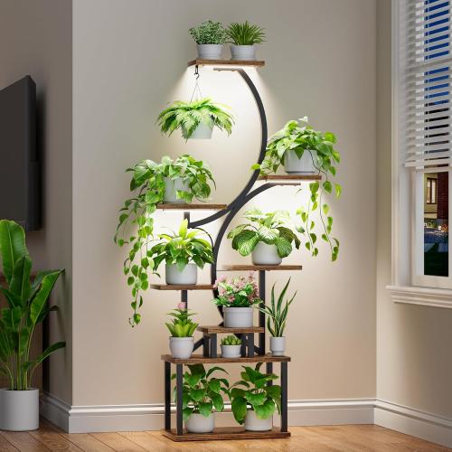 Plant Stand Indoor with Grow Lights - 62 Tall Plant Shelf, Lighted Corner Plant Stands for Indoor Growing, 8 Tiered Large Flower Holder, S-Shaped Decorative Rack for Living Room, Patent Design, Brown