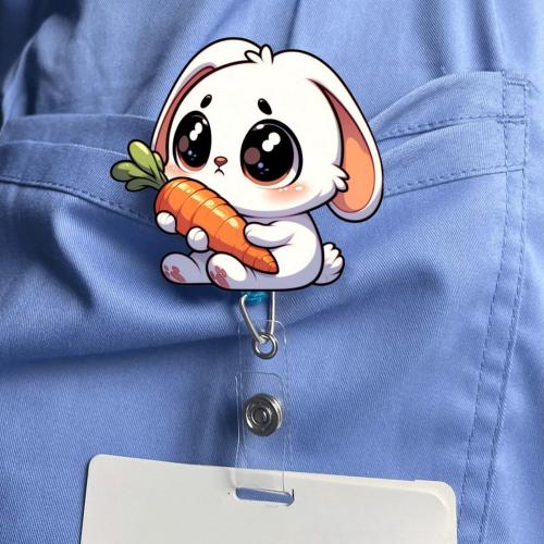 Easter Badge Holder Retractable Happy Bunny Badge Reel with Alligator Clip Funny Rabbit Holding Carrot ID Name Tag Acrylic Badge Reel for Students School Medical Assistant ID Badges Name Tag Card