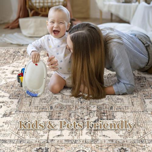 Area Rug 8x10 Washable Vintage - Soft Traditional Rugs for Living Room Large Non Slip Backing with Low Pile Farmhouse Oriental Retro Carpet for Bedroom Dining Room or Home Office - Tea Brown