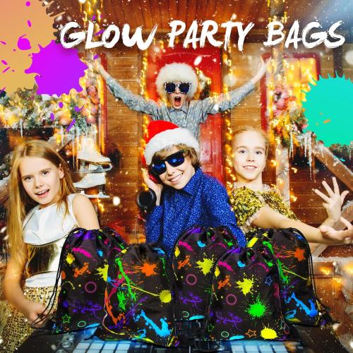 Yiyiring 16 Pcs Glow in the Dark Gift Bags Neon Treat Drawstring Bags for Glow Party Supplies Birthday Travel Camping Decor(Neon Party)