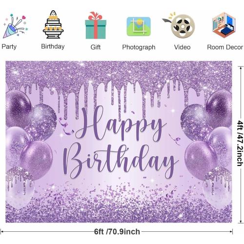 Sensfun Purple Happy Birthday Backdrop Banner Shiny Glitter Balloon Photography Background for Women Girls Sweet 16 18th 21st 30th Birthday Party Decorations Banner Photo Booth Props 6x4ft