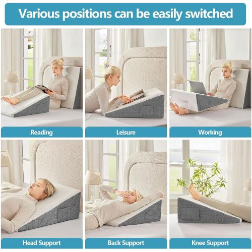 Wedge Pillow for Sleeping & Resting, 24x24x10 Memory Foam Cushion with Grey and White Patterned Polyester Cover, Ideal for Bedroom & Living Room – Comfortable Support for Adults