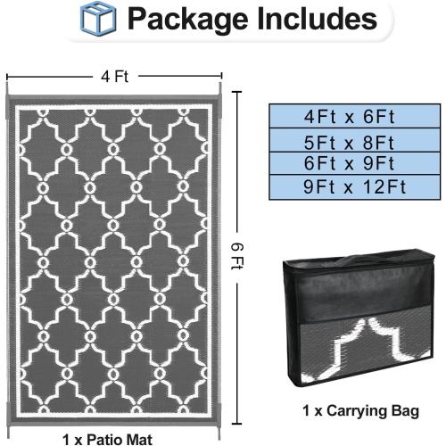OutdoorLines Outdoor Reversible Rugs for Patio 4x6 ft - Outside Plastic Carpet, Stain & UV Resistant Portable RV Mat, Straw Rug for Camping, Backyard, Deck, Picnic, Porch Moroccan Gray & White