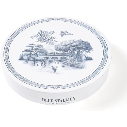 Set of 4 Blue and White Collectible Assorted Farm Animals, Veggies and Banyan Tree Dinner Plates 10.5 with Giftbox