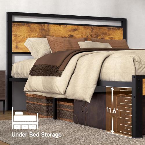 Z-hom Queen Bed Frame with Modern Wood Headboard & Footboard, Upgraded Heavy Duty Metal Sturdy Bed Frame Queen Size, Stable Platform Bed Furniture Bed Storage, No Noise, No Box Springs, Vintage Brown