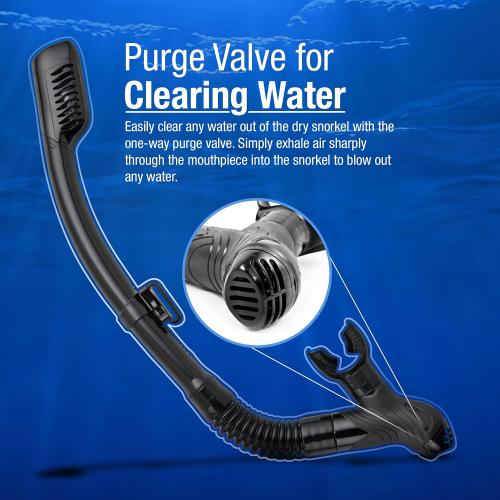 BLACK Dry Snorkel with Purge Valve - Snorkel Gear for Adults with Comfortable Silicone Mouthpiece & Quick Release Clip - Scuba Diving, Snorkeling, Freediving, Spearfishing, Swimming
