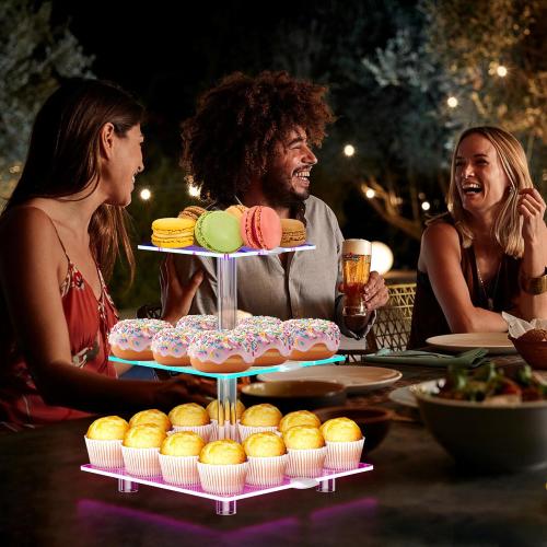 Size 3 tier LED Acrylic Cupcake Stand, 3 Tier Cupcake Stand with Rechargeable Light, Clear Cupcake Tower Stand 24 Cupcakes, 7 Color Cupcake Display Stands for Weddings, Birthdays,Party,Graduation