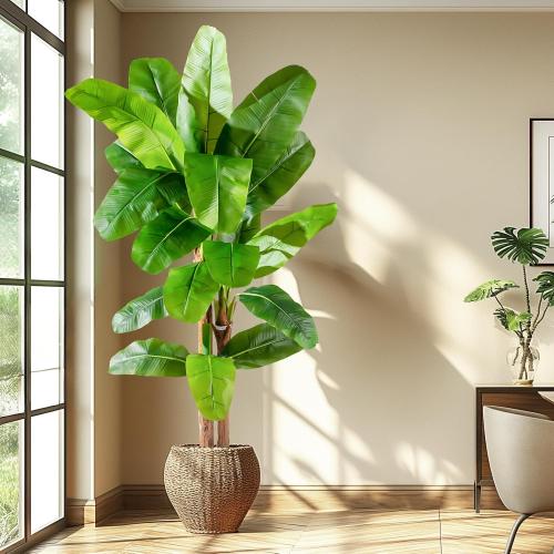 7.2FT Artificial Banana Tree Tall Fake Banana Leaf Plant Faux Banana Silk Tree Faux Banana Leaves for Home Swimming Pool Indoor Outdoor Patio Tropical Decor