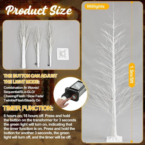 1 Pack 5ft-900led Christmas Lighted Birch Tree LED Warm White Lights Twinkle Twig Artificial Tree for Outdoor Indoor Home Party Decorations, 8 Modes