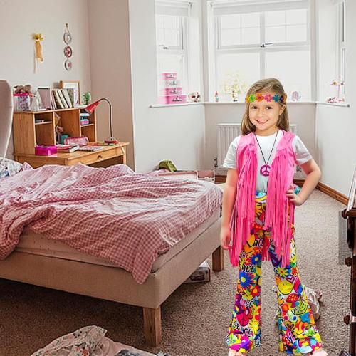 8 Pcs Girls Kids 60s 70s Hippie Costume Disco Outfits Fringe Vest Boho Bell Bottoms Hippie Outfits Accessories Set xl