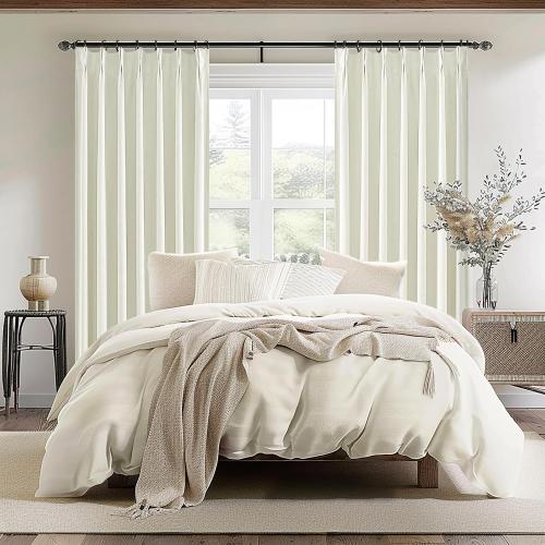 Cream White Blackout Drapes 96 Inches Long 2 Panels, Linen Room Darkening Fabric Thick for Bedroom Viral Pinch Pleated Window Curtains 96 Inches Long with Hooks Sound Deadening Insulated Thermal Cute