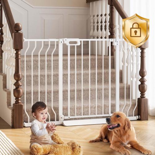 Mom's Choice-GROWNSY Baby Gate for Stairs, 29.5-48.4 Pressure Mounted Baby Gate for Top of Stair&Doorway with V-Shaped Rods, Anti-Trip Pedal, Extra Wide Stairs Dog Gate Easy Install w/Red Reminder