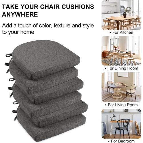 Wellsin Chair Cushions for Dining Chairs 6 Pack - Kitchen Chair Cushions with Ties and Non-Slip Backing - Dining Chair Pads 16X16X2, Dark Gray
