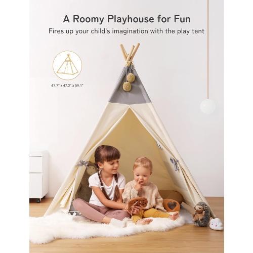 besrey Teepee Tent for Kids, Cotton Canvas Play Tent with Lights & Mat, Sturdy Toddler Tipi Tent Playhouse for Boys Girls, Foldable Indoor Outdoor Camping Reading Hideaway