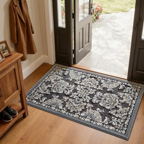 LUMI Indoor Door Mat 36x59, Vintage Non-Slip Washable Thin Entry Mat,Floral | Rubber Backing, Soft Surface, Elegant Pattern, Easy Care, Durable, High Traffic Area (Kids, Dog, Muddy Boots)