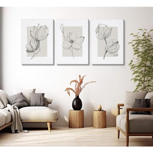 3Pcs Neutral Botanical Canvas Wall Art Beige Simple floral Painting Pictures Wall Decor Vintage Line flower Poster Print Artwork for Living Room Bedroom Bathroom Scene Home Decoration