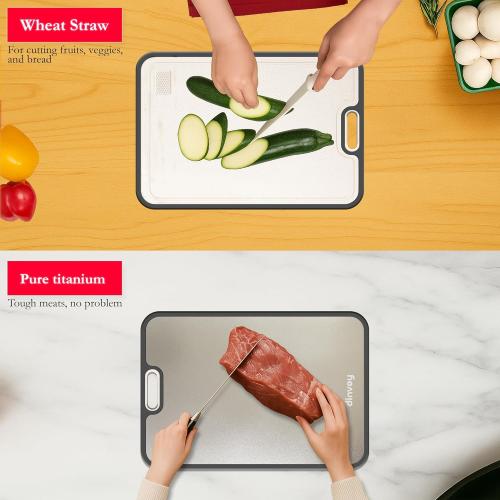 Titanium Cutting Board for Kitchen – Crystallized Dual-Sided GR1 Titanium & Wheat Straw, Scratch-Resistant, Easy to Clean, Large 16”×11” Chopping Board