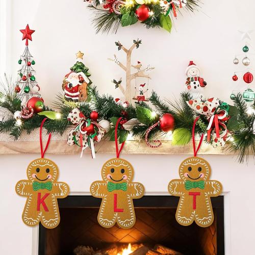 Christmas Felt Gingerbread with Initials, Gingerbread Man Embroidery Felt Letter Xmas Decor, Cute Monogram Knitted Rustic Hanging Ornaments Pendants for Party Fireplace Tree Home Decorations (A)