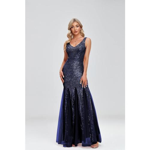 Size S/L Updated Women's Double V Neck Long Sequined Mermaid Dress Formal Dress Bridesmaid Party Dress
