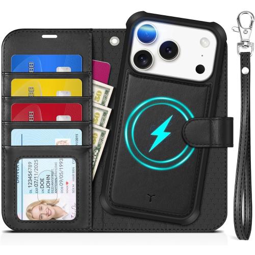 TUCCH 2-in-1 Detachable Wallet Case for iPhone 17 Pro (6.3-inch) 2025, Wireless Charging | RFID Blocking 4 Card Holder | Wrist Strap | Kickstand | Magnetic | PU Leather | Protective Flip Cover | Black