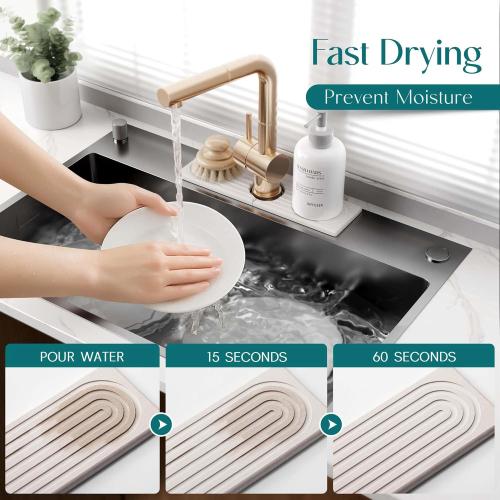Diatomite Kitchen Faucet Mat - 14Inch Water Absorbing Stone Tray for Sink, Stone Fast-Drying Faucet Mat for Kitchen Counter Sink Accessories (Light Grey, 14'' x 3.9'')