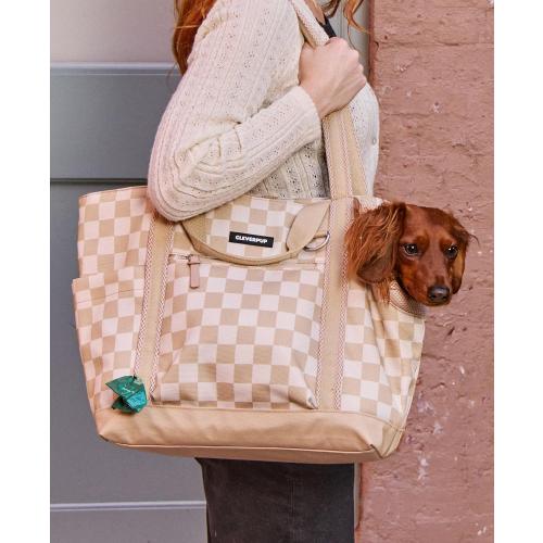 Cleverpup Transit Tote Dog Carrier 4-Piece Set - Premium Lightweight Pet Travel Bag with Plush Teddy Insert, Food Pouch, Air Mesh Opening, Water-Resistant Base & Safety Tether - Medium Checkerboard