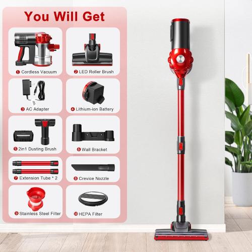Red elezon A200 Cordless Vacuum Cleaner with 18000Pa Powerful Suction, 38 Min Runtime, 2200mAh Battery, HEPA Filter, Portable Stick Vacuum for Hardwood Floor, Lightweight Handheld for Home, Pet Hair, Car
