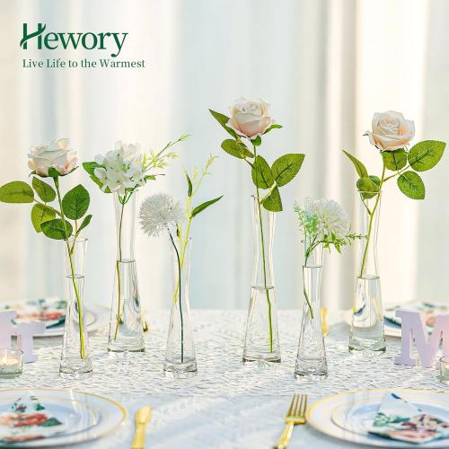 Hewory Glass Bud Vases for Centerpieces Set of 6, Handmade Modern Clear Small Skinny Decorative Single Flower Vase, Minimalist Slim Floral Vase for Home Wedding Party Events Table Decor,