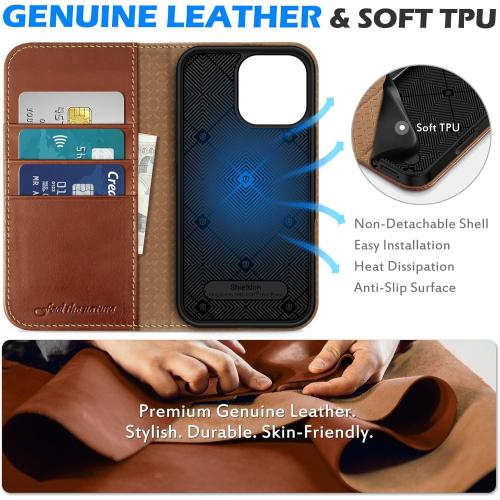 SHIELDON Case for iPhone 16 Pro Max 5G 2024, Genuine Leather Folio Wallet Magnetic Kickstand RFID Blocking Card Slots Shock-Absorbent Phone Cover Compatible with iPhone 16 Pro Max 6.9 - Retro Brown
