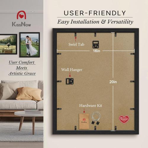 16x20 Picture Frame 4 Pack, Textured Black Solid Wood, Wall Gallery Poster Frame