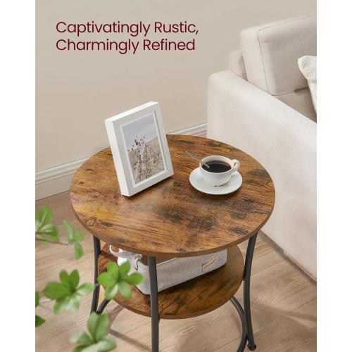 VASAGLE Side Table, 2-Tier Round End Table, Nightstand with Steel Frame for Small Spaces, Living Room, Bedroom, Rustic Brown and Ink Black