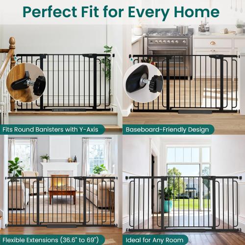 Cumbor Extra Wide Baby Gate, 36.6-69 Walk-Through Dog Gate for Stairs, Doorways & Hallways, 30.5“ Tall, Auto-Close & Dual-Swing Safety Child Gate Indoor, Easy Install Pressure-Mounted Pet Gate, Black