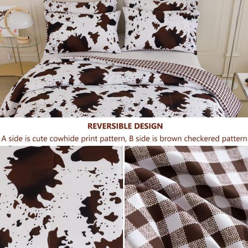 PERFEMET 3Pcs Cow Comforter Set King Size Rustic Cow Print Western Bedding Sets Farmhouse Reversible Checkered Cowhide Bed Quilt Set with Pillowcases (Brown White, King)