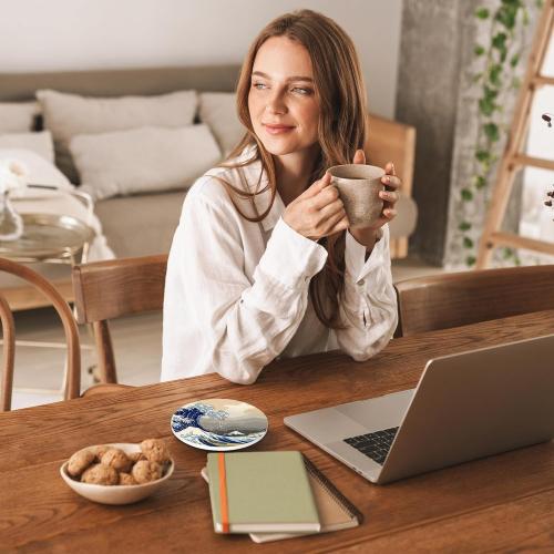 Japanese Style Waves Round 4 Cup Coasters Set of 4, Absorbent Ceramic Coasters with with Cork Backing, Table Home Decor, Gifts for Women Men