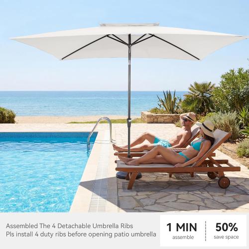 6.6 x 10 ft Rectangular Patio Umbrella, Outdoor Market Table Umbrella with Push Button Tilt and Crank, Double-Tier Vent, 6 Ribs, Rectangle Patio Umbrella for Backyard, Deck, Pool, Fits 4–6 Chairs and Tables (White)