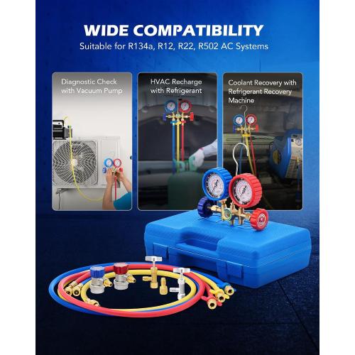 OMT AC Gauge Set for R134a, R12, R22, and R502, 5 ft Hoses