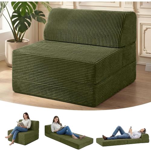 Kasunpul Folding Sofa Bed with Pillow, Memory Foam Fold Out Chair Bed, Convertible Sleeper Chair with Washable Cover, Futon Floor Couch for Living Room/Dorm/Guest Use/Home Office/Apartment, Green