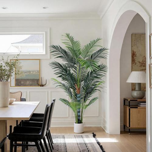 Artificial Palm Tree 6ft, Fake Tree with White Planter, Faux Tropical Areca Palm Silk Floor Plant with 18 Realistic Leaves for Home Office Indoor Outdoor Decor.