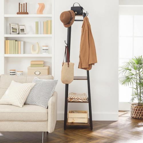 VASAGLE Coat Rack, Coat Stand with 3 Shelves, Hall Tree Free Standing with Hooks for Scarves, Bags, Umbrellas, Steel Frame, Industrial Style, for Entryway, Living Room, Rustic Brown and Black ULCR80X