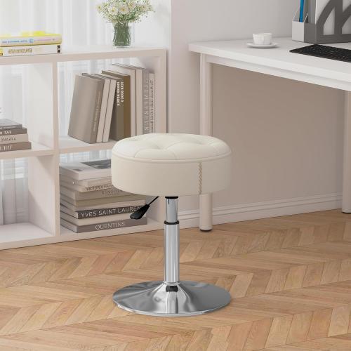 ACEQLYT® Vanity Stool with High-Density Non-Sagging Foam & Metal Base, Vanity Chair for Makeup Room, Height Adjustable 360° Swivel Ottoman, White PU Leather Makeup Chair for Bedroom, Bathroom