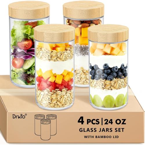 DRKIO 24 Oz Overnight Oats Containers with Bamboo Lids - 4 Pack Glass Storage Jars with Airtight Lids Wide Mouth Mason Food Jars Great for Meal Prep Salad Chia Pudding Snacks Yogurt Sugar Spice