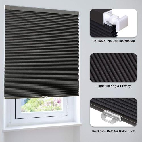LazBlinds Cordless Cellular Shades, No Tools No Drill Blackout Honeycomb Shades Pleated Blinds for Windows, 33 W x 64 H, Midnight Black