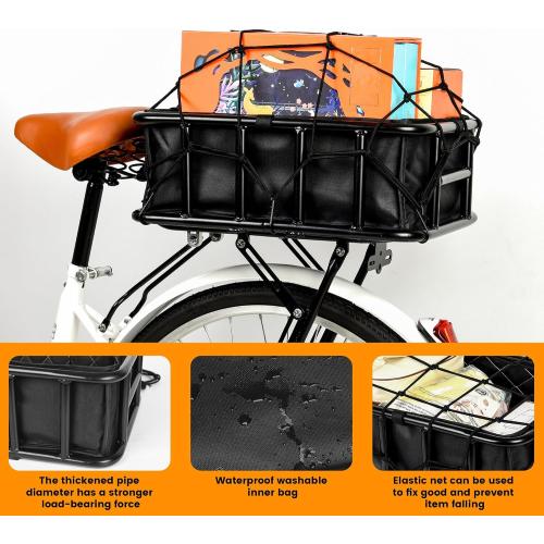 Bike Basket Rear, Large Bicycle Basket with Cargo Net, Liner and Waterproof Cover for Electirc Bike, Ebike and Bikes, Large Capacity Wire Bakset
