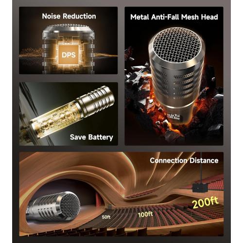 Wireless Microphones, Microphone with One-to-One Chip Connection and Rechargeable Receiver, 40H Duration, 200FT Range Receiving, Less Latency, Metal Construction Microphone for Singing